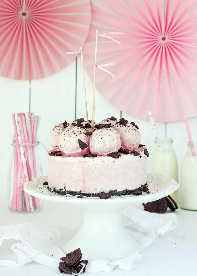 Strawberry Ice Cream Cake With Chocolate Biscuits Photograph by Emma Friedrichs