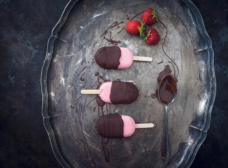 Strawberry Ice Cream, Partially Covered With Dark Chocolate vegan Photograph by Kati Neudert