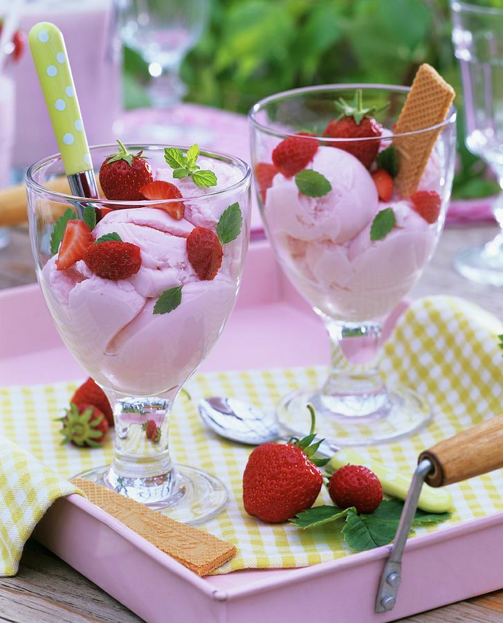 Strawberry Ice Cream With Fresh Strawberries And Wafers Photograph by Strauss, Friedrich