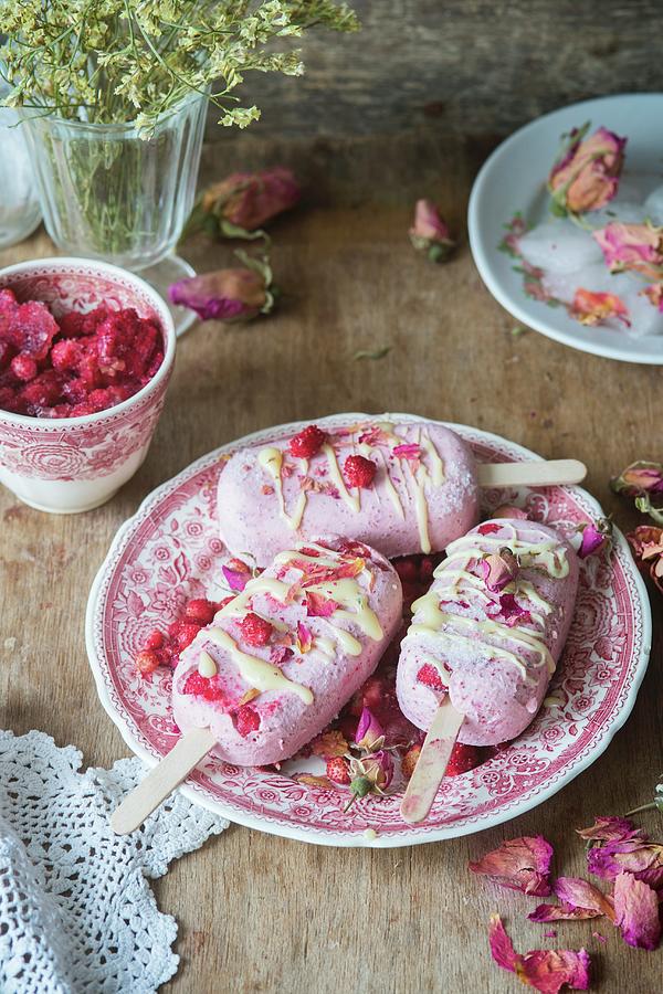 Strawberry Ice Creams With Wild Strawberries And Rose Petals Photograph by Irina Meliukh