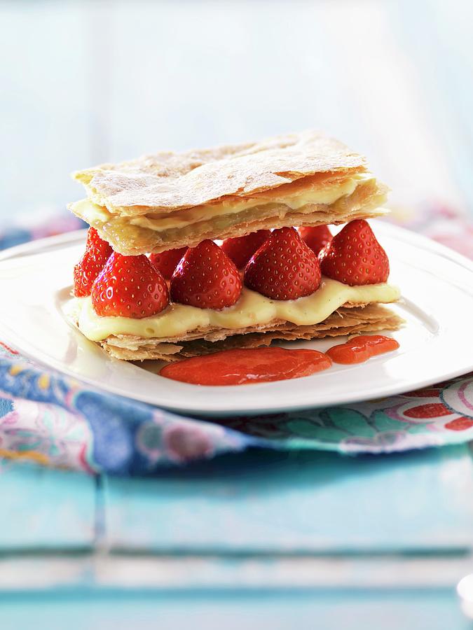 Strawberry Mille-feuille With Coulis Photograph by Hall