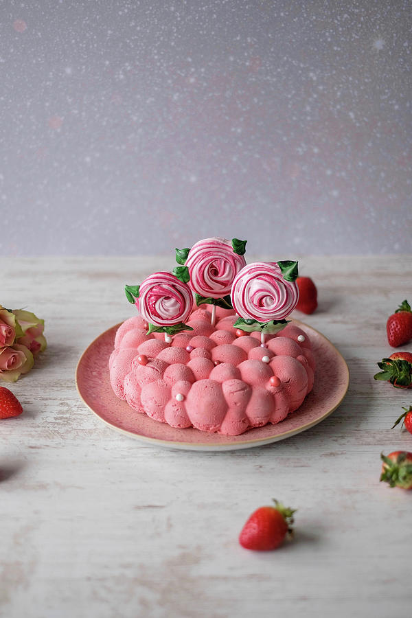 Strawberry Mousse Cloud Cake With Meringue Flowers Photograph by Marions Kaffeeklatsch