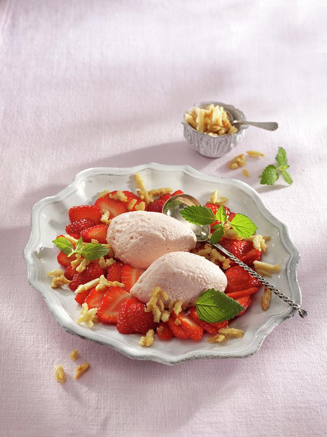 Strawberry Mousse With Strawberries And Caramelised Almonds Photograph by Newedel, Karl