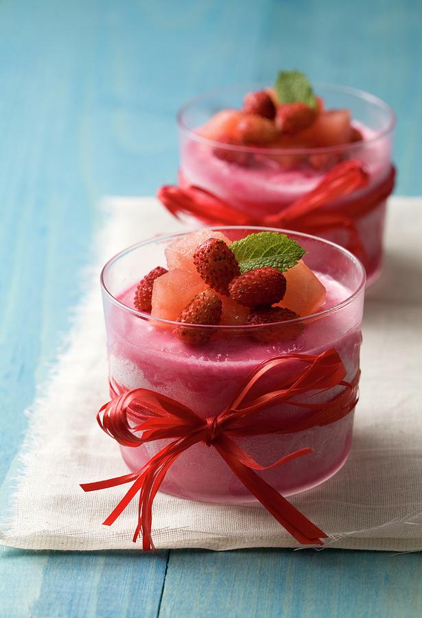 Strawberry Mousse With Wild Strawberries And Watermelon Photograph by Blueberrystudio
