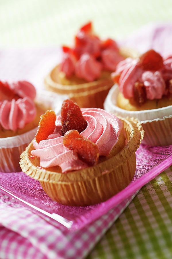 Strawberry-rhubarb Cupcakes With Pontarlier-aniseed Whipped Cream Topping Photograph by Barret