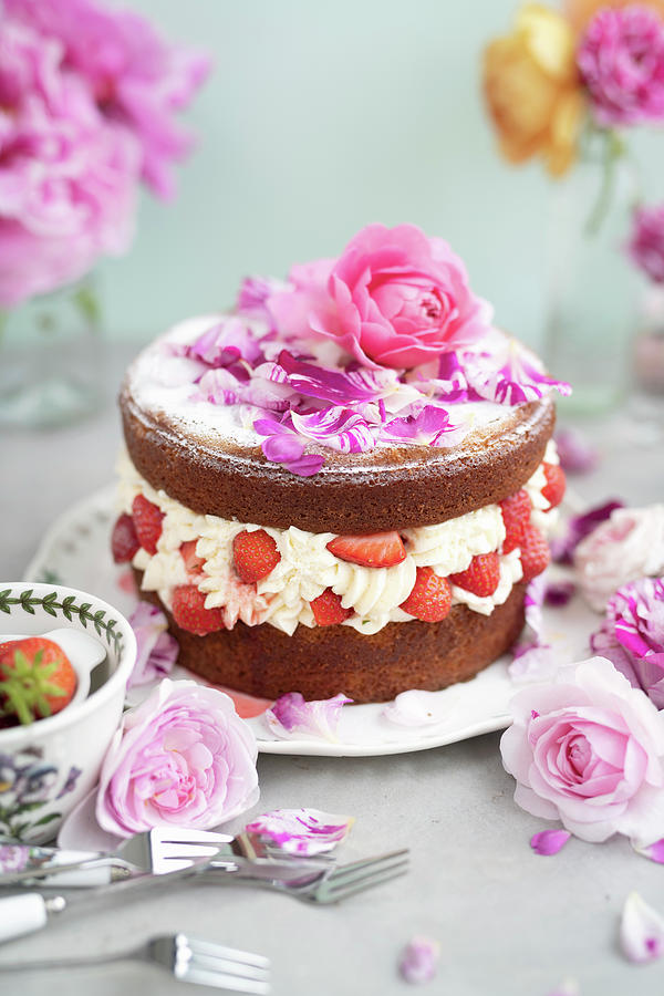 Strawberry Rose Layer Cake Filled With Whipped Cream And Strawberries Photograph by Lucy Parissi