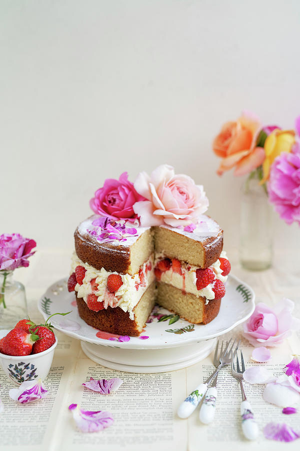Strawberry Rose Layer Cake Topped With Roses On A Cake Stand, Slice Taken Out Photograph by Lucy Parissi