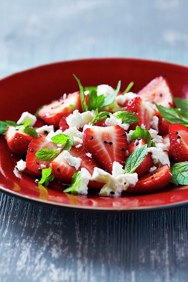Fruit Photograph - Strawberry Salad With Goats Cheese, Fresh Mint And Black Sesame Seeds by B.&.e.dudzinski