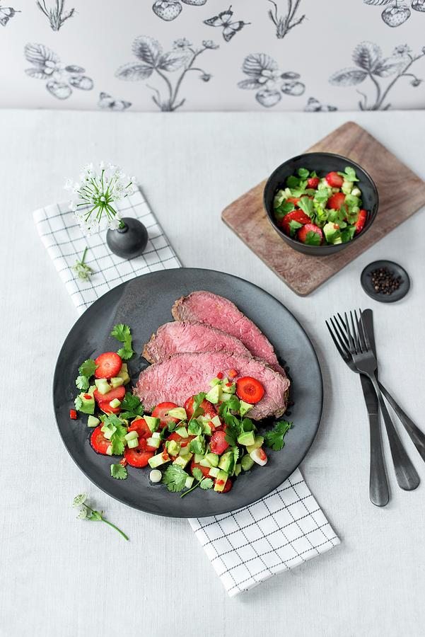 Strawberry Sauce With Roast Beef, Avocado, Cucumber, Onion, Coriander And Chilli Photograph by Carolin Strothe