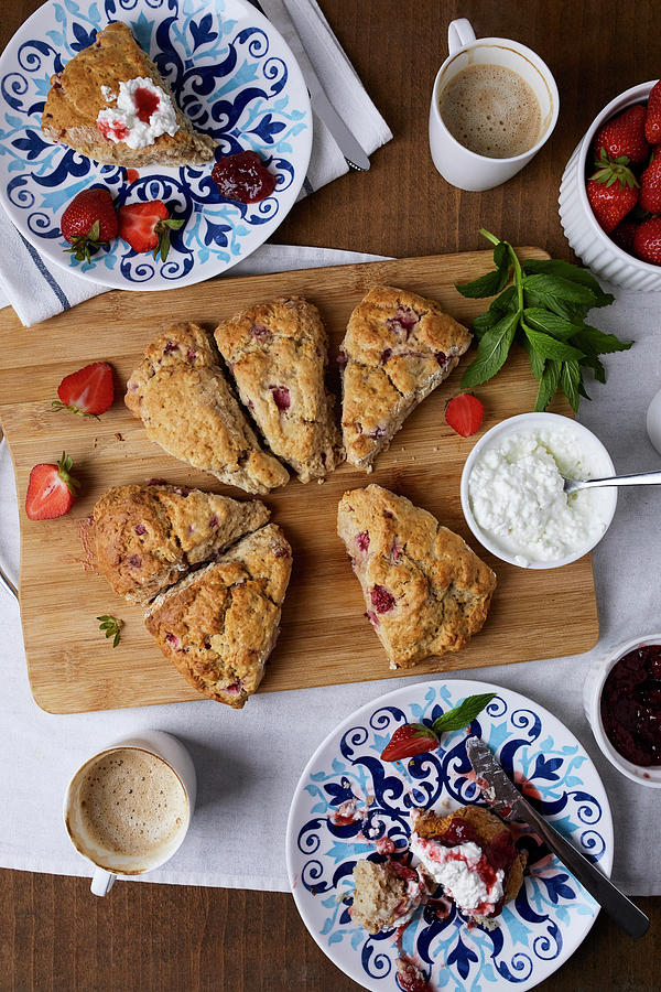 Strawberry Scones Served With Cottage Cheese And Jam Photograph by Natasa Dangubic