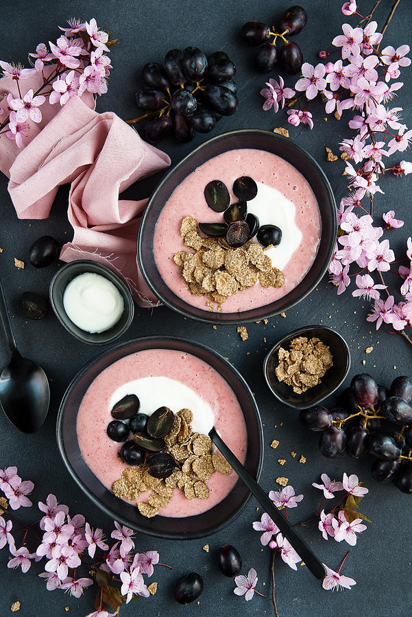 Strawberry Smoothie Bowl With Grapes Yogurt And Rye Flakes Photograph by Karolina Polkowska