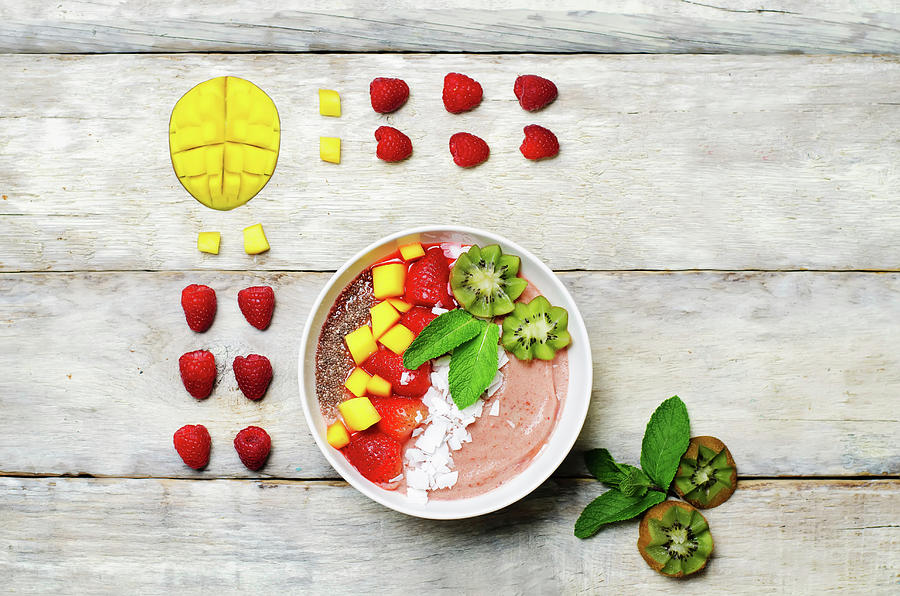 Strawberry Smoothies Breakfast Bowl With Coconut Flakes, Mango, Strawberry And Chia Seeds Photograph by Natasha Arz