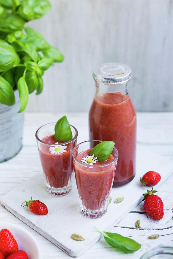 Strawberry Smoothies With Basil Photograph by Brigitte Sporrer
