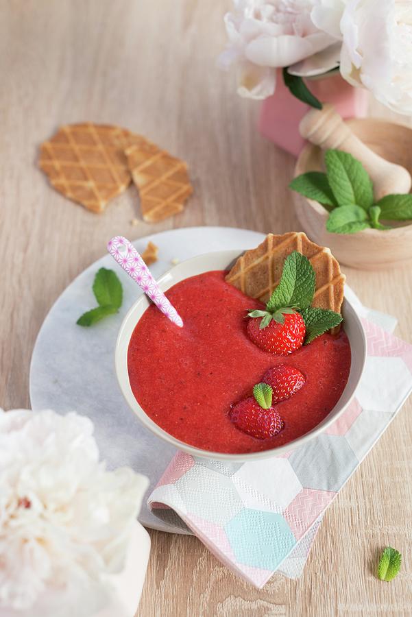 Strawberry Soup And Homemade Wafles Photograph by Chatelain