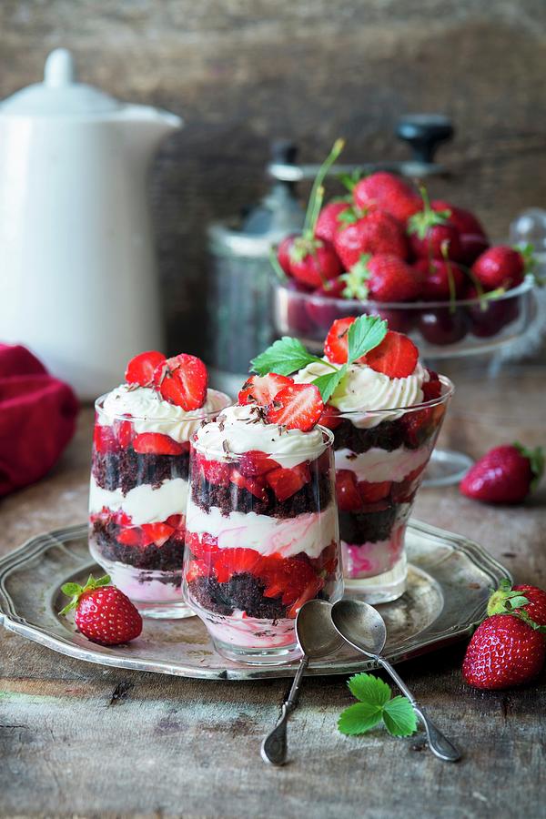 Strawberry Trifles With Mascarpone Cream And Chocolate Biscuits In Dessert Glasses Photograph by Irina Meliukh