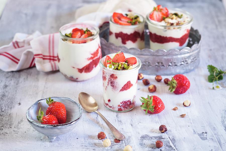 Strawberry, Yoghurt, And Nut Desserts With Strawberry And Chia Seed Jamsugar Free Photograph by Susan Brooks-dammann