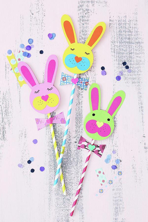 Straws Decorated With Craft Paper Easter Bunny Faces Photograph by Thordis Rggeberg