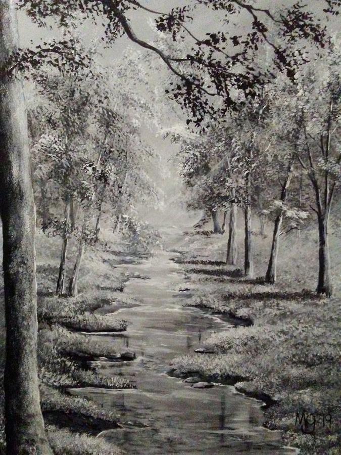 Stream in black and ehite Painting by Mindy Gibbs