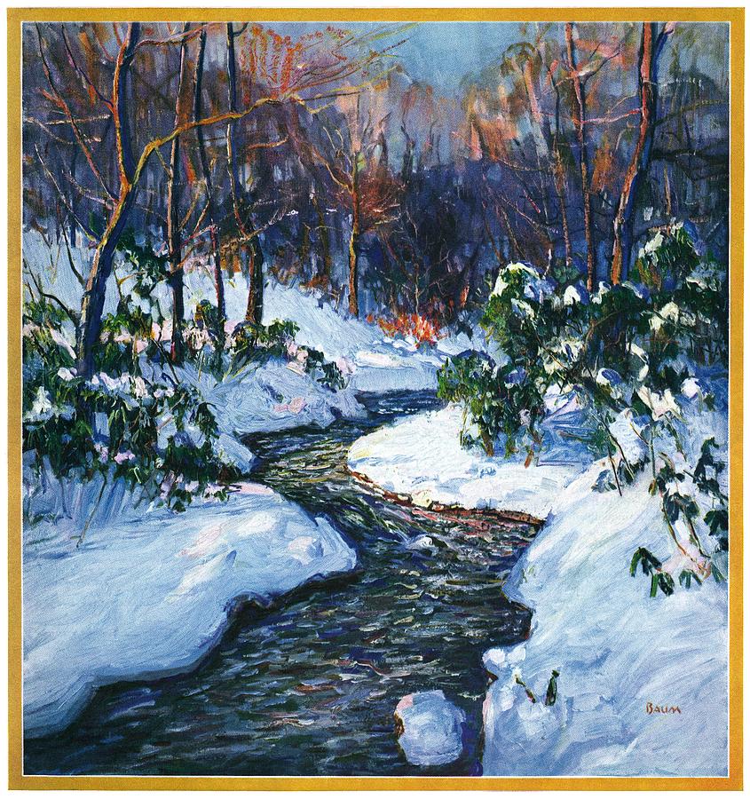 Winter Drawing - Stream In Snowy Woods by Walter Baum
