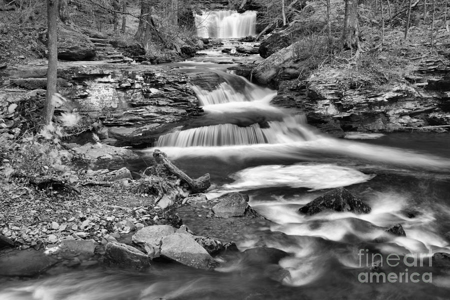 Waterfall Photograph - Streams Below Wyandot Falls Black And White by Adam Jewell