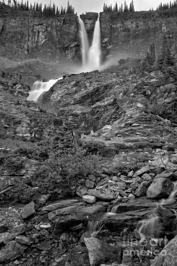 Streams Below YCoho Twin Falls Black And White Photograph by Adam Jewell