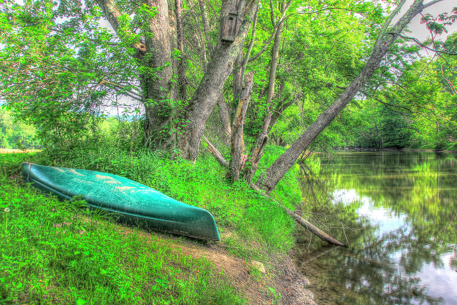 Canoe Photograph - Streamside Green Canoe by Robert Goldwitz