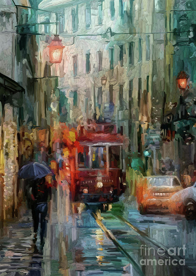 Street car in the rain Painting by Tim Gilliland