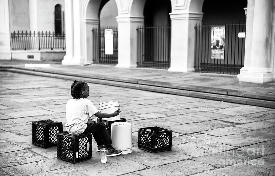 Drum Photograph - Street Drummer Sets Up at Jackson Square New Orleans by John Rizzuto