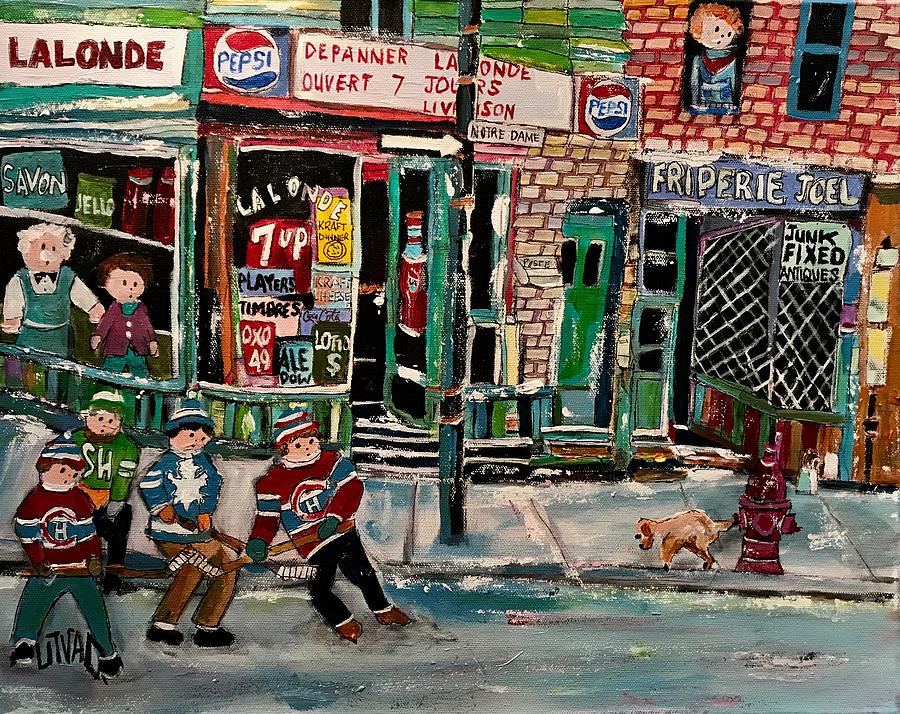 Street Hockey Depanneur Lalonde Notre Dame St. Henri Painting by Michael Litvack