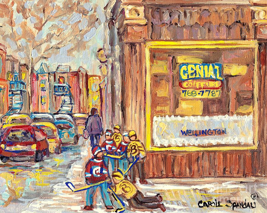 Street Hockey On The Avenues 3rd And Wellington Verdun Genial Coiffure Winter Scene C Spandau Artist Painting by Carole Spandau