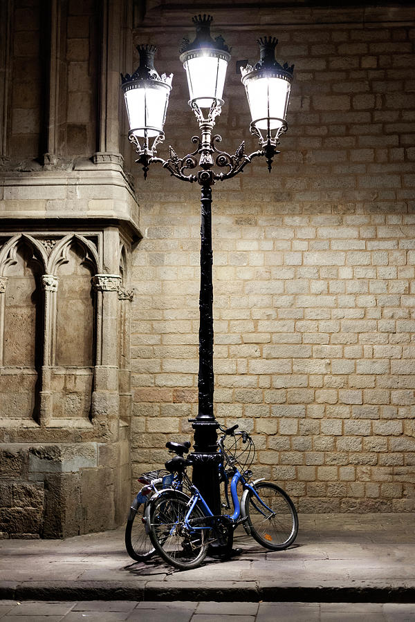 Street Lamp Illuminated Bycicles At Night In Barcelona Gothic Qu ...