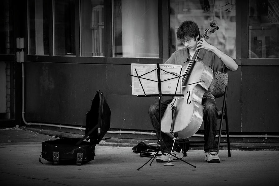Street Muscian Busker with Cello in Black and White Photograph by Randall Nyhof
