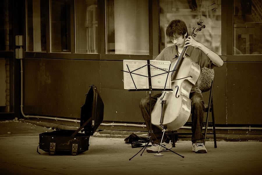 Street Muscian Busker with Cello in Sepia Tone Photograph by Randall Nyhof