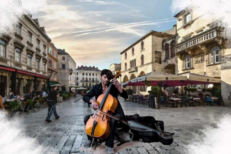 Street Music. Cello. Mixed Media by Alex Mir