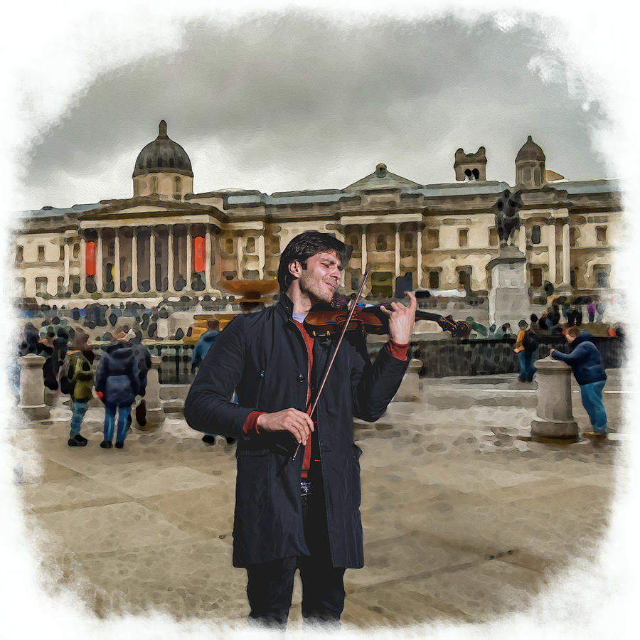 Street Music. Violin. Trafalgar Square. Mixed Media by Alex Mir