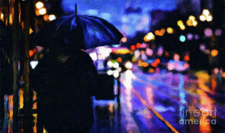 Street Scene at Night with Lights and Umbrella Digital Art by Amy Cicconi