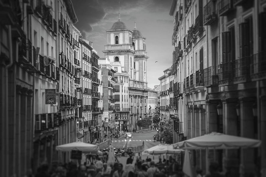 Streets Of Madrid Spain In Black And White Photograph
