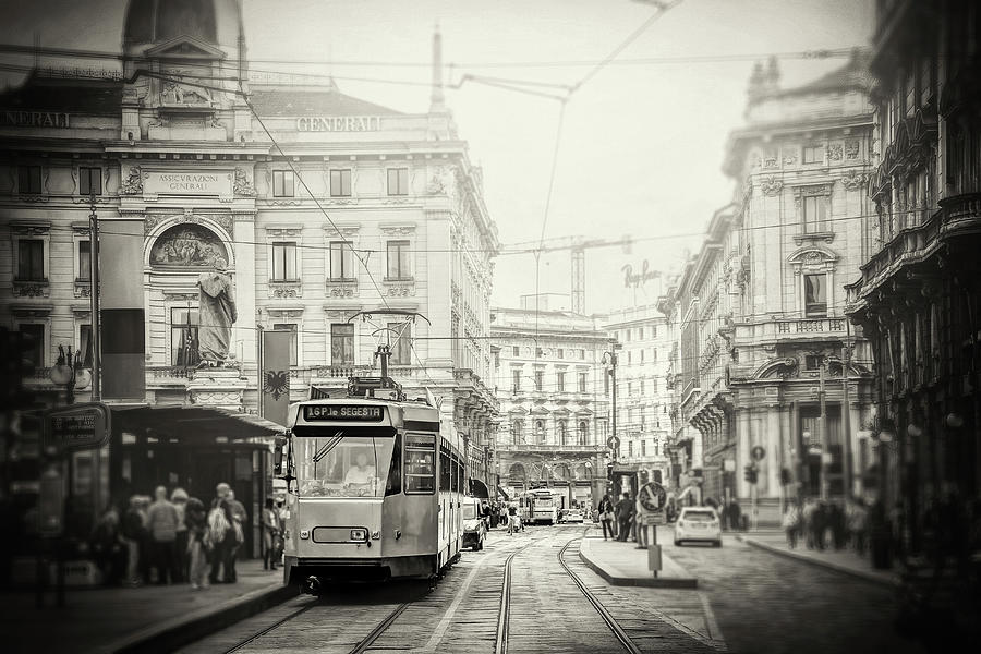 Transportation Photograph - Streets of Milan Italy Black and White by Carol Japp