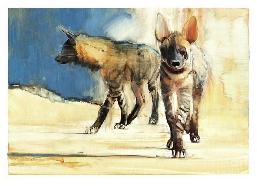 Striped Hyaenas, 2010 Oil On Paper Painting by Mark Adlington