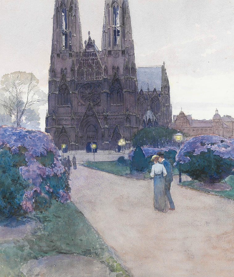 Stroll in the Gardens of the Votivkirche, Vienna Drawing by Carl Moll