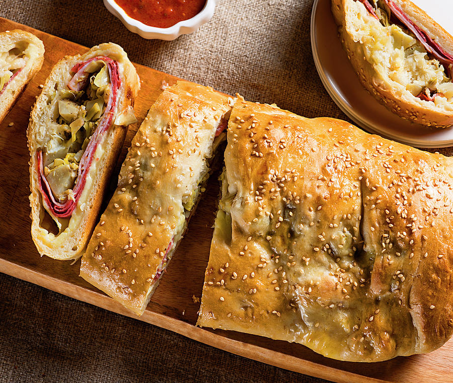 Stromboli Stuffed With Sausage And Vegetables top View Photograph by Jim Scherer