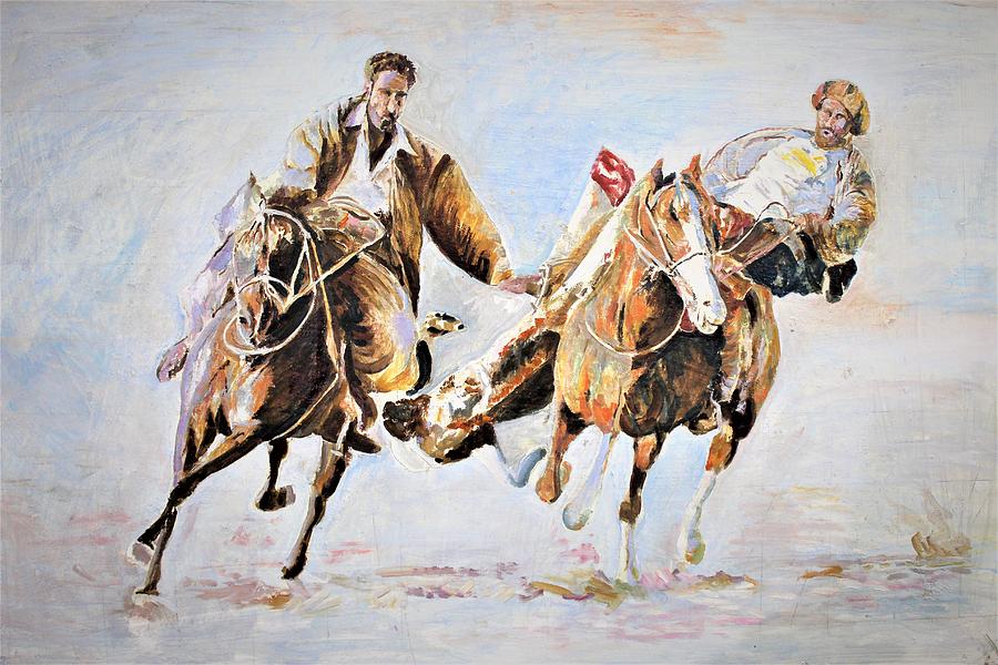 Struggle in Buzkash Painting by Khalid Saeed