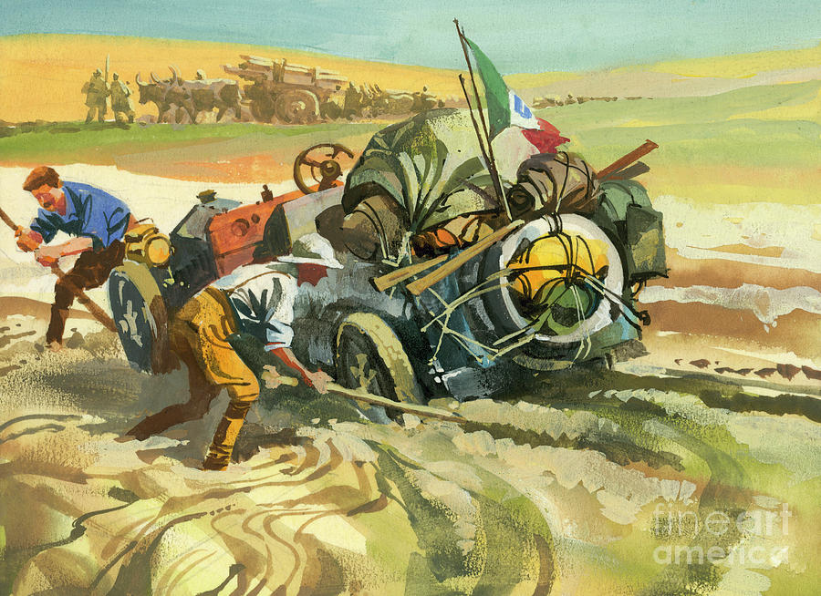 Stuck in the dirt during a Ten thousand mile motor race Painting by Ferdinando Tacconi