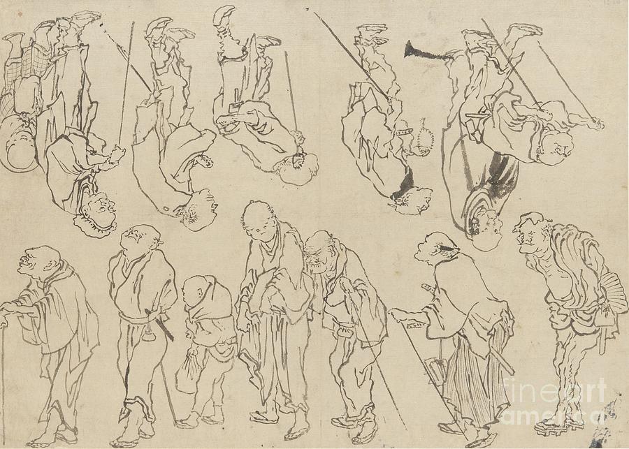 Studies Of Lame Pilgrims, Edo Period Drawing by Katsushika Hokusai