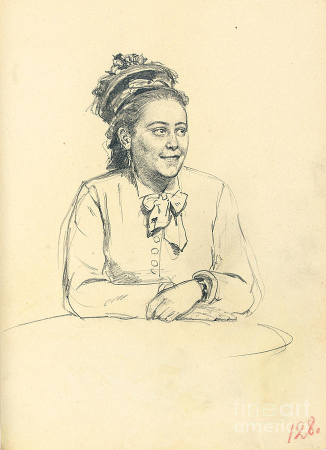 The Wanderers Drawing - Study For a Parisian Cafe: Seated Woman With Bow And Folded Hands, C. 1872-1875 by Ilya Repin