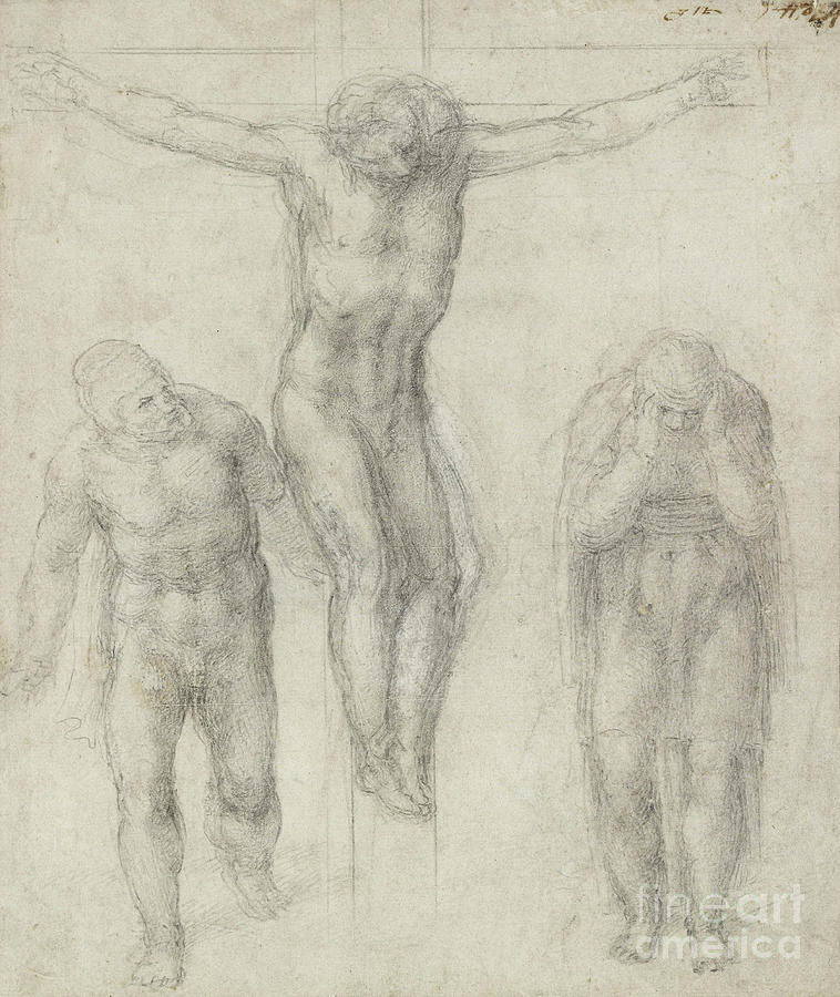 Study Of A Crucified Christ And Two Figures By Michelangelo Painting by Michelangelo Buonarroti