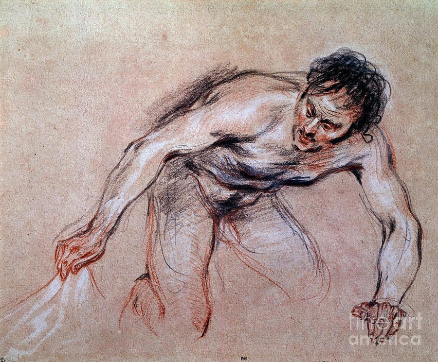 Study Of A Naked Man Kneeling Pulling A Drapery Drawing A La Sanguine By Jean Antoine Watteau Drawing by Jean Antoine Watteau
