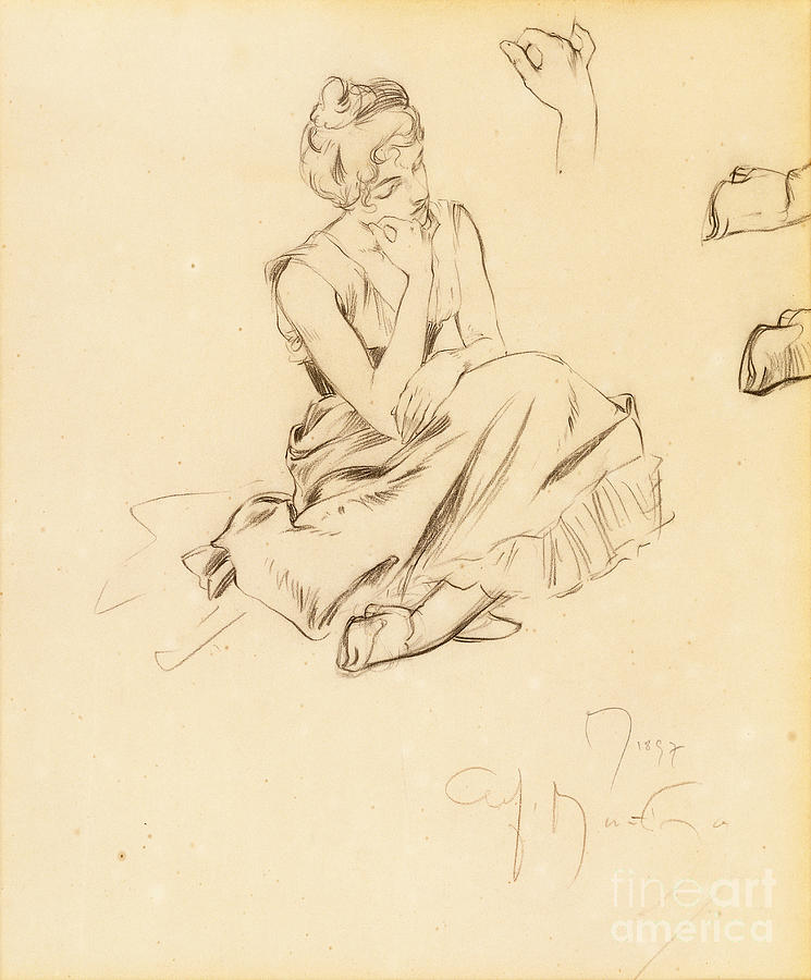 Study Of A Seated Woman, 1897 Drawing by Alphonse Marie Mucha - Fine ...