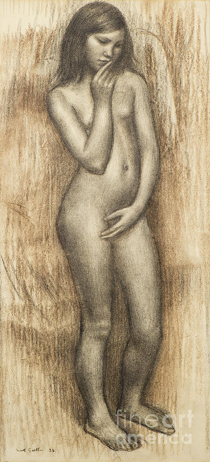Study Of A Young Girl Standing  Charcoal Painting by Mark Gertler