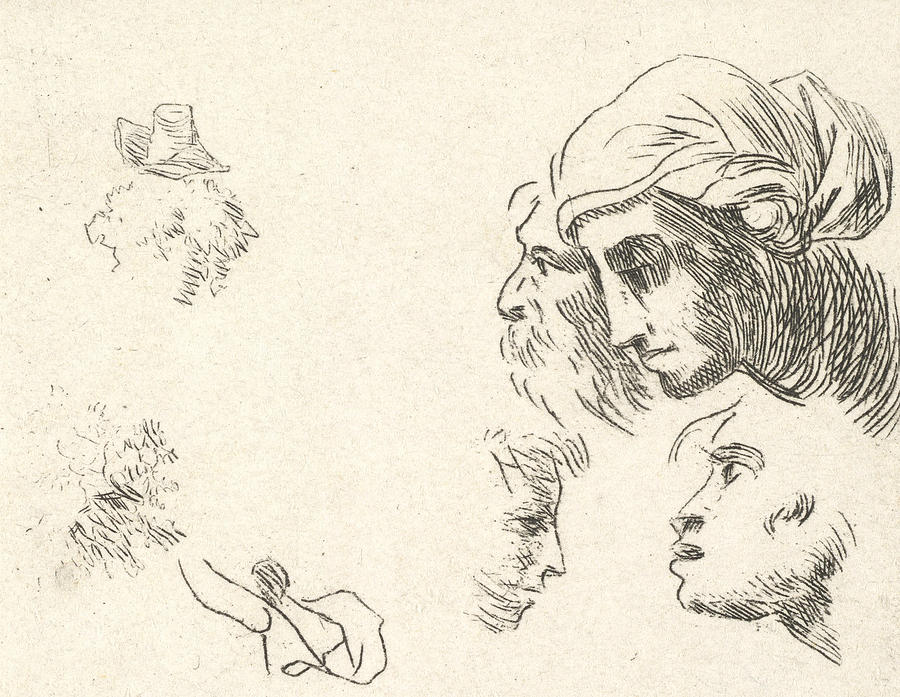 Study of heads in profile view, a woman with headcloth and bearded man whose heads overlap above Relief by Karel Dujardin